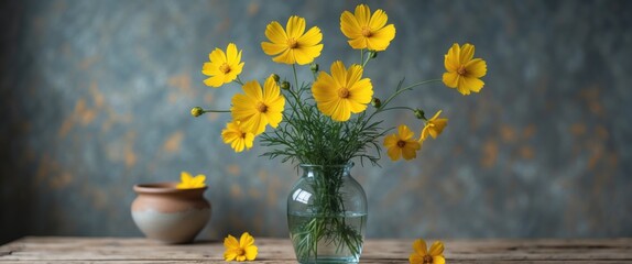 Wall Mural - Vibrant Yellow Cosmos Flowers in a Clear Vase with Rustic Background and Empty Space for Custom Text or Branding