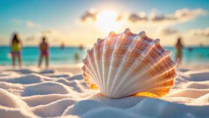 Wall Mural - Seashell on White Sand Beach with Sunset Glow and Silhouettes of People in Background