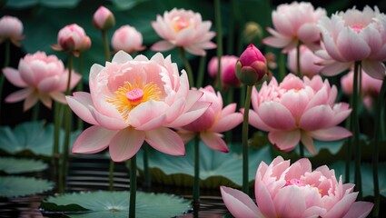 Wall Mural - Close-Up of Vibrant Pink Peony Lotus Flowers in a Tranquil Pond Setting with Lush Green Leaves Surrounding the Blossoms