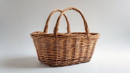 Poster - stylish wicker basket with long handles on white background perfect for storage or decoration with a
