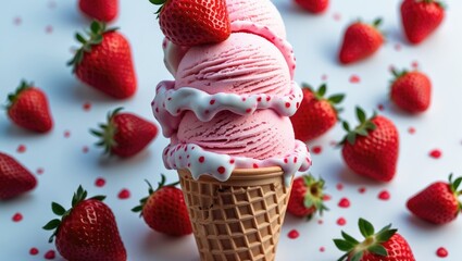 Wall Mural - Strawberry Ice Cream Cone Surrounded By Fresh Strawberries On A Bright White Background