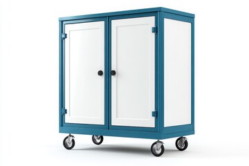 Poster - A white and blue metal storage cabinet with four doors, isolated against a white background. 