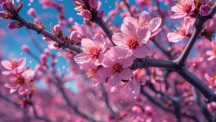 Poster - delicate pink cherry blossom branch with vibrant blooms and soft background for text placement