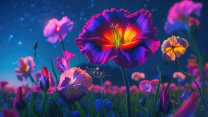Poster - vibrant field of multicolored flowers under a starry night sky showcasing the beauty of nature in tw