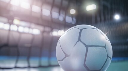 Volleyball ball with clear textures, blurred modern court in background