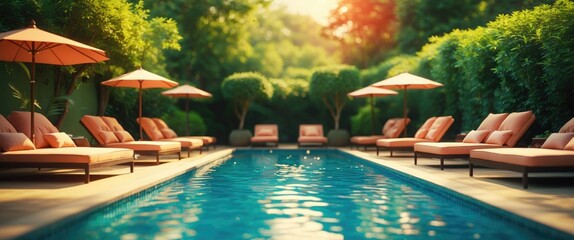 Poster - lush garden poolside with empty sunbeds and umbrellas inviting relaxation in serene blue waters. per