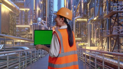 Back View Of Asian Female Engineer With Safety Helmet Working On A Green Screen Laptop And Looking Around At A Vast Oil Refinery