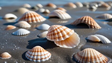 Poster - seashells arranged on wet sand at the shoreline with glimmering water background