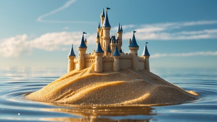 Poster - sand castle on gentle waves with light blue sky reflections in a dreamy coastal setting, close-up pe