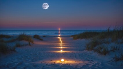 Poster - moonlit beach pathway with dunes and sunset reflections during summer evening