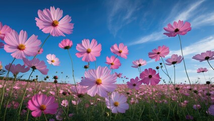 Poster - vibrant pink cosmos flowers blooming in a beautiful flower field under a clear blue sky