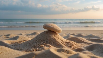 Poster - serene beach scene with sandy dunes and flat shell at sunrise over calm ocean waves
