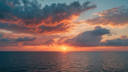 Poster - Stunning ocean sunset with dramatic clouds creating a serene atmosphere and ample space for text or creative graphics.
