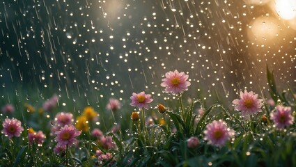 Poster - morning dew on colorful flowers with raindrops and soft glowing light creating a serene atmosphere a