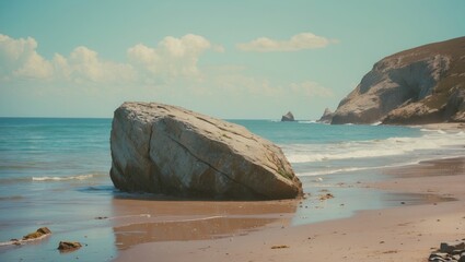 Poster - serene beach landscape with large rock formation and clear blue waters ideal for copy space or text 