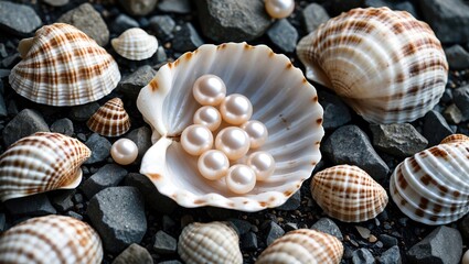 Poster - shells and pearls nestled among stones with blank space for text or design elements in natural coast