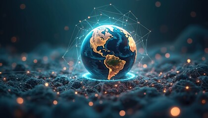 Poster - Digital Earth globe surrounded by network. Global connectivity, tech advancement, cyber future concept. International, modern communication with cyberspace design on abstract blue planet.