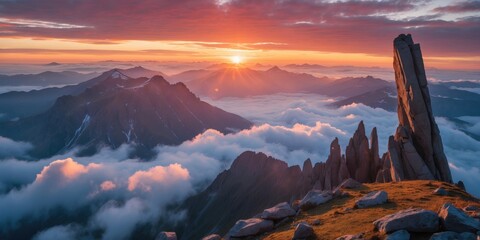 Canvas Print - Stunning sunset over a mountain range above clouds with unique rock formation in foreground ideal for greeting card design and text placement.