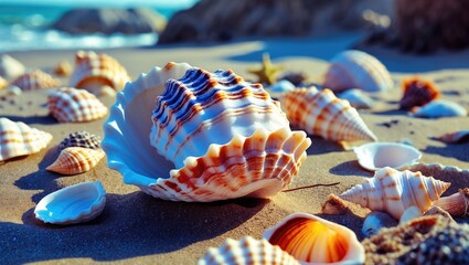 Poster - colorful seashells on sandy beach shore with ocean background in warm sunset light
