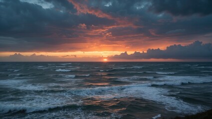 Poster - stormy seascape with dramatic sunset and racing clouds over horizon featuring empty space for text a