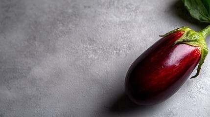 Wall Mural - Single Eggplant on a Textured Gray Surface with Green Stem and Leaf