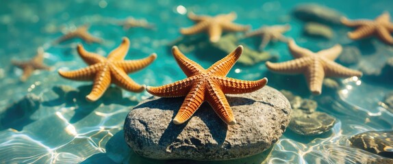 Poster - starfish resting on a stone in clear water with pebbles creating a serene coastal scene featuring am