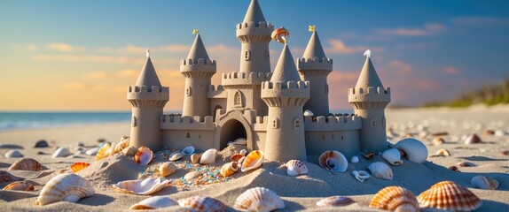 Poster - colorful sandcastle on beach surrounded by seashells under soft sunset light ideal for coastal decor