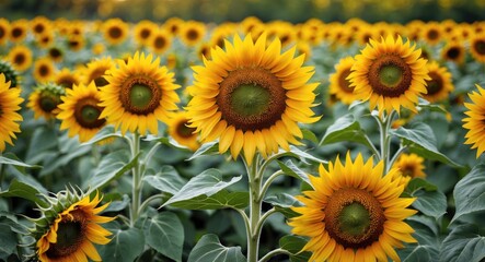 Wall Mural - Vibrant Sunflower Field Under Bright Sky Showcasing Nature's Beauty and Warmth in Full Bloom During Summer Season