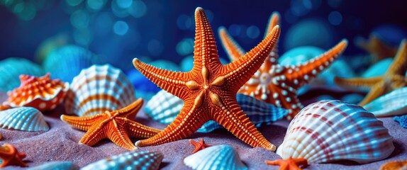 Poster - colorful starfish surrounded by various shells on sandy ocean floor with blurred background