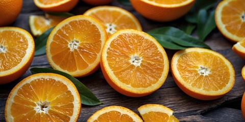 Poster - freshly sliced sweet oranges rich in vitamin c on a wooden surface with green leaves and space for t