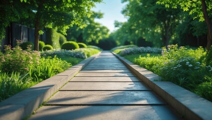 Poster - serene concrete pathway surrounded by lush greenery and colorful flowers in a summer garden setting 