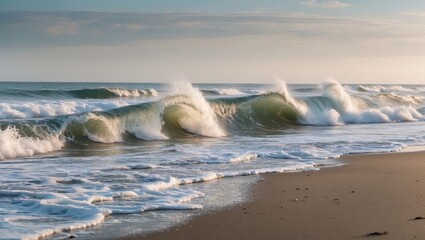 Poster - gentle ocean waves crashing on serene beach at sunrise creating a tranquil coastal scene