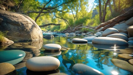 Poster - smooth river stones reflecting in crystal-clear water under sunlight in a serene creek setting surro