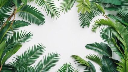 Poster - tropical green leaves framing white background ideal for nature inspired designs with space for text