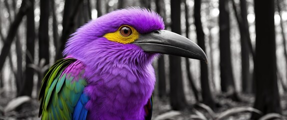 Poster - Vibrant Violet Turaco Close-Up Against Black and White Forest Background with Space for Text and Design Elements.