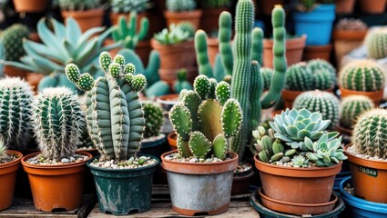 Poster - colorful display of succulent plants and cacti in pots for sale at a lively market setting