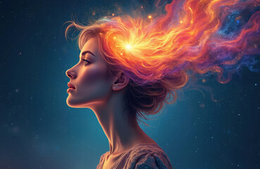 Aufkleber - AI generated illustration of mind exploding with light, inner world, dreams, emotions, imagination. Woman face profile view with creative thoughts, fractal mind. Concept art.