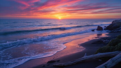 Poster - evening sky over ocean with sun setting in warm tones casting golden glow on serene shore and gentle