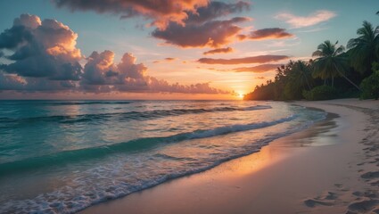 Poster - tranquil tropical sunset over serene beach with gentle waves and lush palm trees creating a peaceful