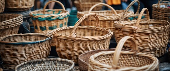 Poster - traditional handcrafted wicker baskets displayed at market with focus on details and empty space for