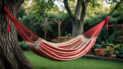 Poster - Hammock with red cords elegantly tied to a tree in a serene garden setting surrounded by greenery and potted plants.