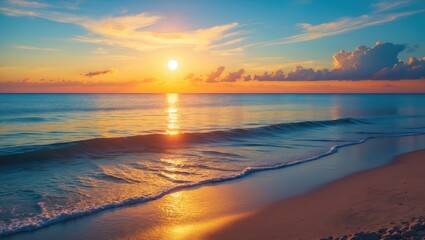Poster - serene sunset over calm ocean waters with golden reflection and gentle waves lapping on sandy shore,