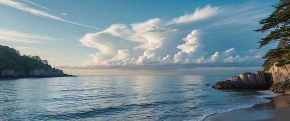 Poster - tranquil coastal landscape with serene water and dramatic cloud formations under a clear sky at dusk