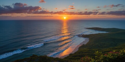 Poster - tranquil sunset over ocean waves reflecting light at crab island scenic viewpoint