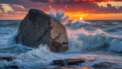 Poster - dramatic sunset over a rocky shore with crashing waves showcasing the raw power and beauty of nature