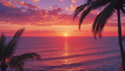 Poster - vibrant sunset over ocean with silhouetted palms and tranquil waves ideal for inspirational quotes o