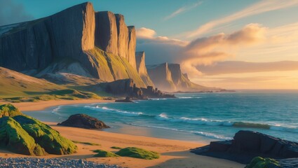 Poster - stokksnes cape at sunrise with majestic cliffs and ocean waves scenic nature landscape ideal for tra