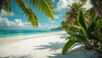 Poster - tranquil tropical beach scene with soft white sand and lush green palm leaves ideal for relaxation a