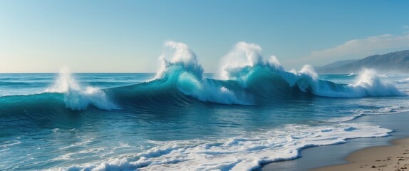 Poster - dynamic turquoise ocean waves crashing on a serene beach with gentle foam under a clear blue sky dur