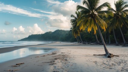 Poster - Tropical Desert Beach with Lush Coconut Trees at Sunrise Featuring Tranquil Waters and Open Sky for Text Overlay